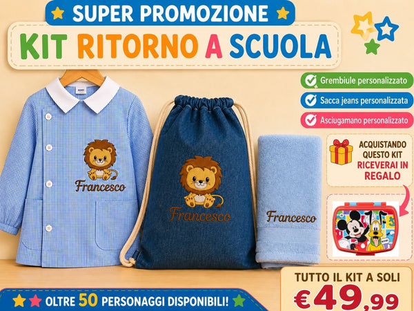 PROMO 2 - Kit a scuola -  Grembiule + sacca + tovaglietta + porta merenda  in regalo 🎁