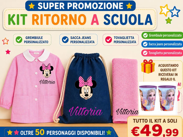 PROMO 2 - Kit a scuola -  Grembiule + sacca + tovaglietta + porta merenda  in regalo 🎁